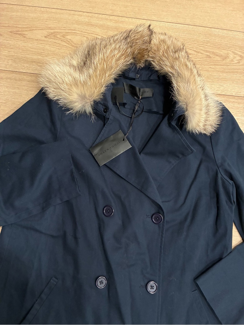 NWT Jenni Kayne Women’s Double Breasted Fur Collar Trench Coat Navy Size M